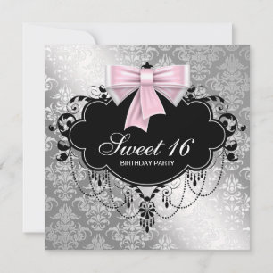 Invitation Rose Noir Damask Sweet 16 Anniversaire