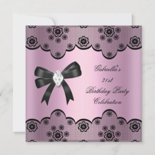 Invitation Rose Noir Dentelle Élégant Fête d'Anniversaire Dia