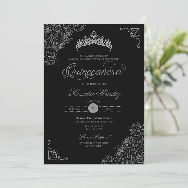 Invitation Rose noir et argent élégant Quinceañera (Debout devant)