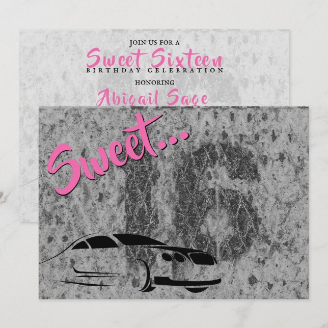 Invitation Rose, Noir et Grunge avec Voiture Sweet 16 Anniver (Devant / Derrière)