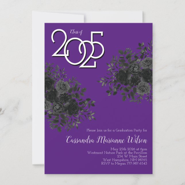 Invitation Rose noir foncé gothique fête de graduation violet (Devant)