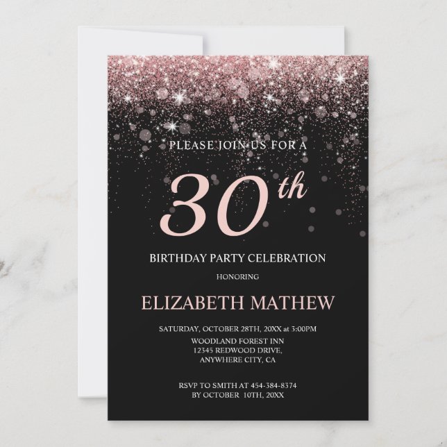 Invitation Rose noir Parties scintillant or Anniversaire âge  (Devant)