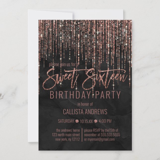 Invitation Rose noir Parties scintillant or perle marbre doux (Devant)