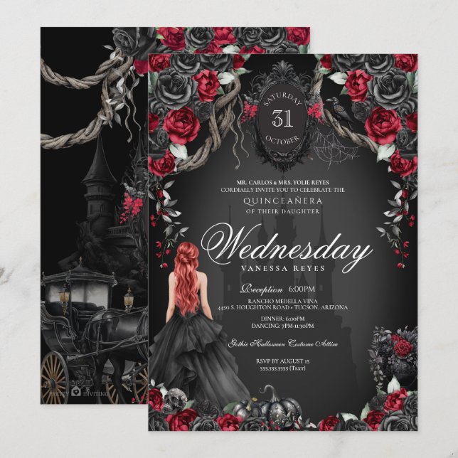 Invitation Rose noir Rouge Quinceañera Halloween gothique (Devant / Derrière)