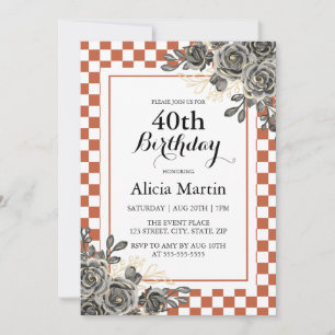 Invitation Rose noir rouille et blanc À damiers Anniversaire