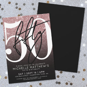 Invitation Rose noire pailletée or 50e anniversaire