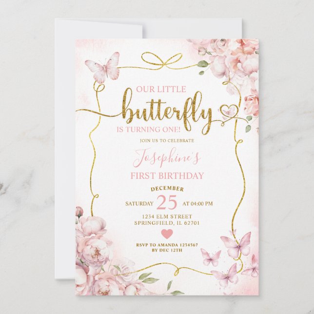 Invitation Rose Notre Petit Papillon Floral Girl 1er Annivers (Devant)