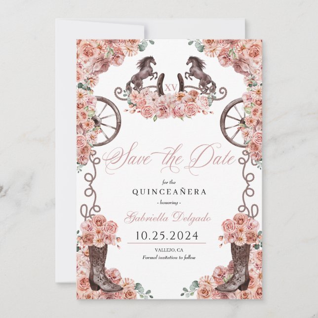 Invitation Rose Occidental Gold Charro Sauvez La Date Quincea (Devant)