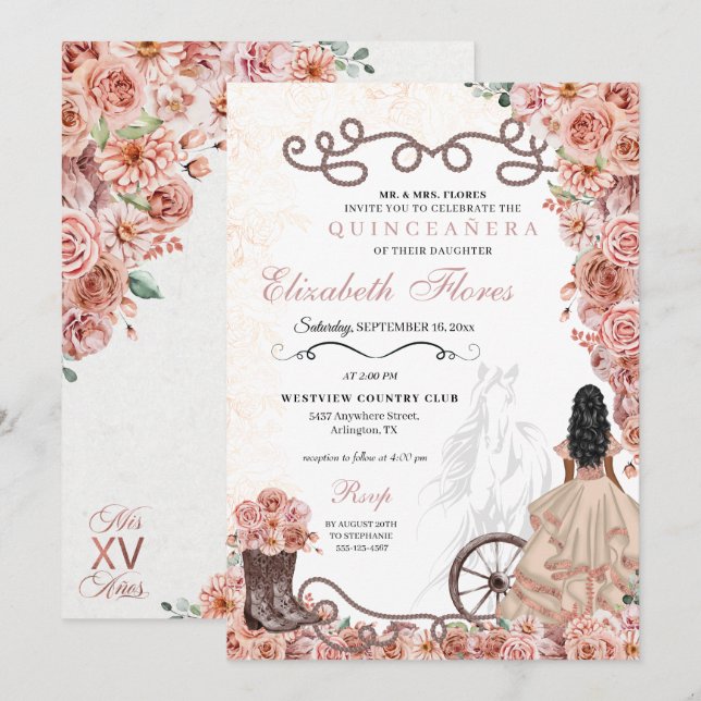 Invitation Rose occidentale Gold Princesse Charra Quinceañera (Devant / Derrière)