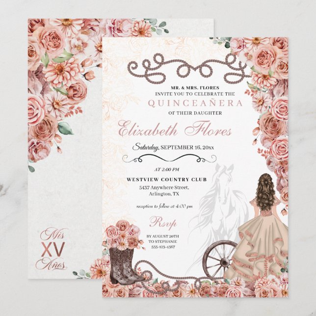 Invitation Rose occidentale Gold Princesse Charra Quinceañera (Devant / Derrière)