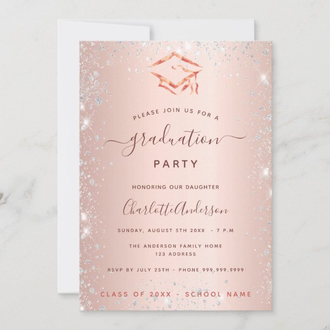 Invitation Rose or argent fin de graduation fête 2025 (Devant)