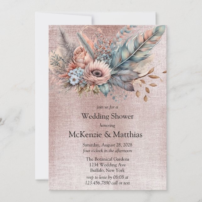 Invitation Rose or Boho Floral Wedding shower en plumes (Devant)
