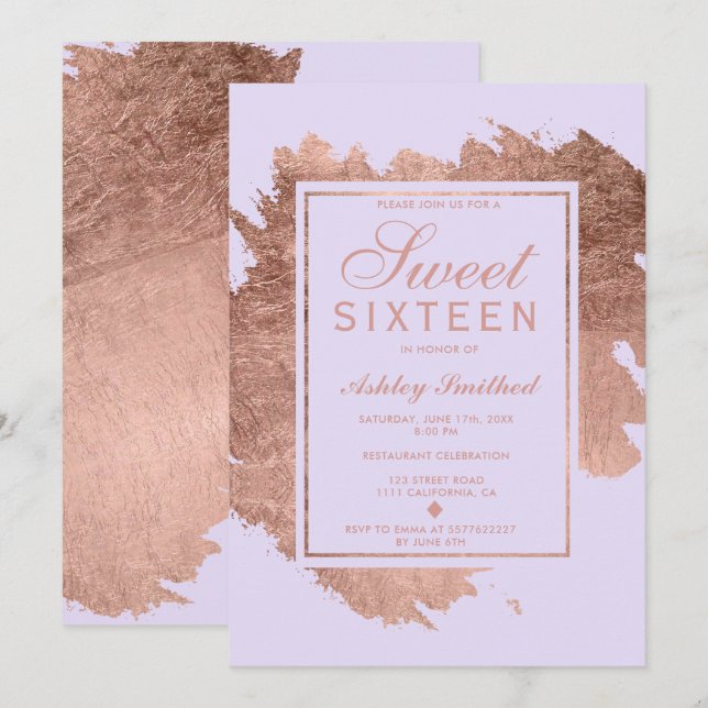 Invitation Rose Or bracelets lavande Sweet 16 (Devant / Derrière)