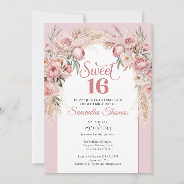 Invitation Rose or brush pampas boho arch sauge (Devant)