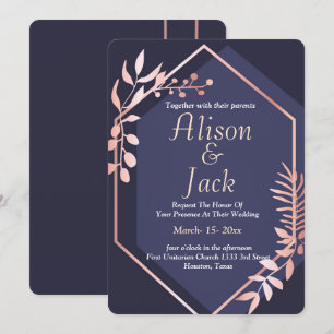 Invitation Rose or cadre géométrique marine bleu mariage