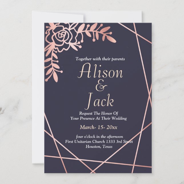 Invitation Rose or cadre géométrique marine bleu mariage (Devant)
