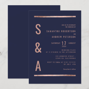 Invitation Rose or chic marine bleu rayures géométriques mari