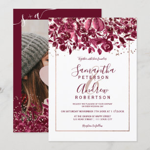 Invitation Rose or confetti burgundy floral photo mariage