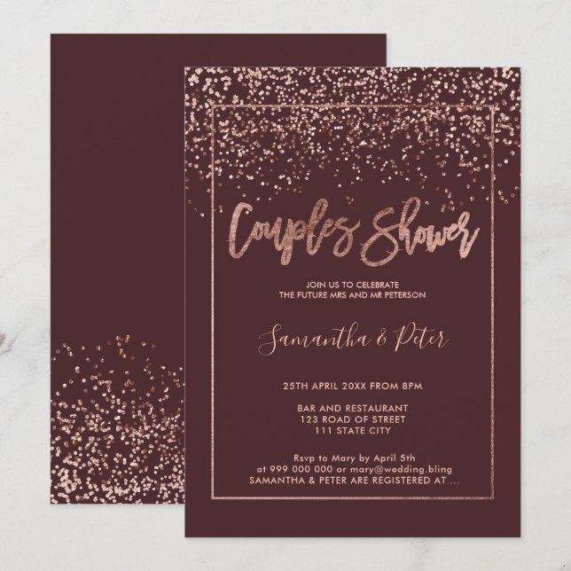 Invitation Rose or confetti burgundy script couples douche (Devant / Derrière)