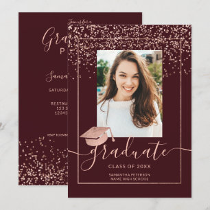 Invitation Rose or confetti burgundy typographie graduation