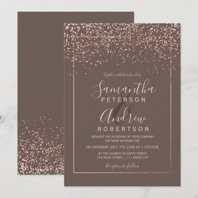 Invitation Rose or confetti café typographie mariage (Devant / Derrière)