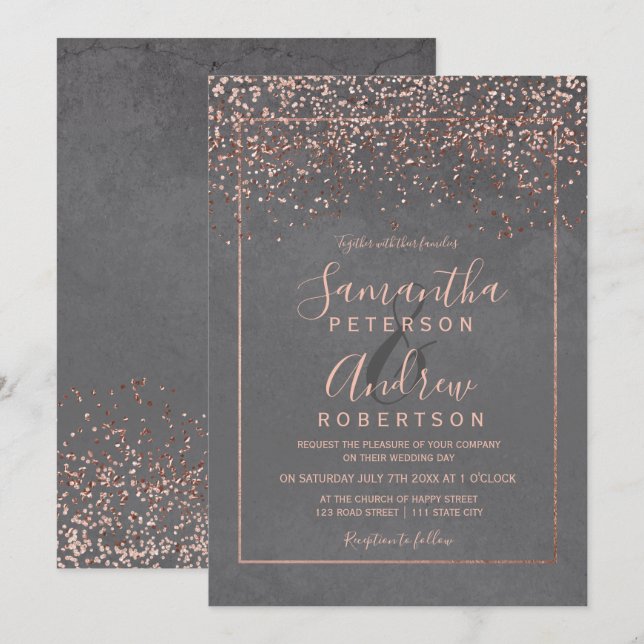 Invitation Rose or confetti gris ciment typographie mariage (Devant / Derrière)