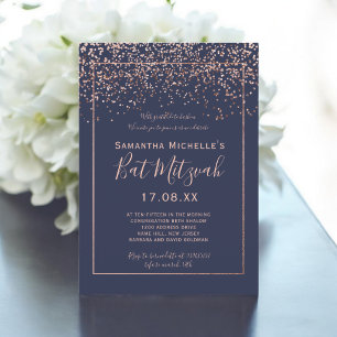 Invitation Rose or confetti marine bleu script bat mitzvah