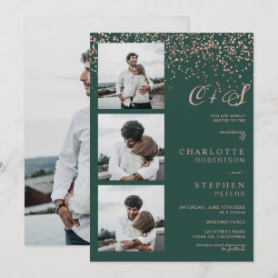 Invitation Rose or confetti vert initiales photos mariage