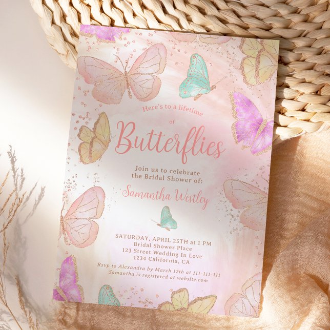 Invitation Rose or Durée de vie des papillons douche nuptiale (Gold pink Lifetime of butterflies bridal shower Invitation)
