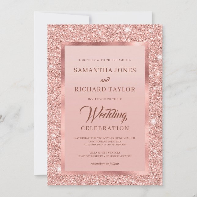 Invitation Rose or Éperche feuille parties scintillant rose p (Devant)