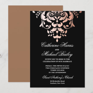Invitation Rose or et noir Demask faux Mariage
