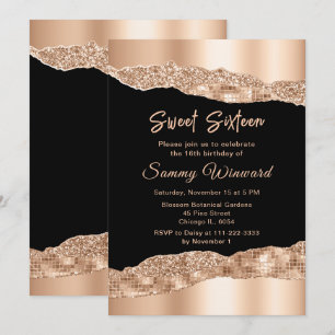 Invitation Rose or et noir glam Larmes Sweet sixteen