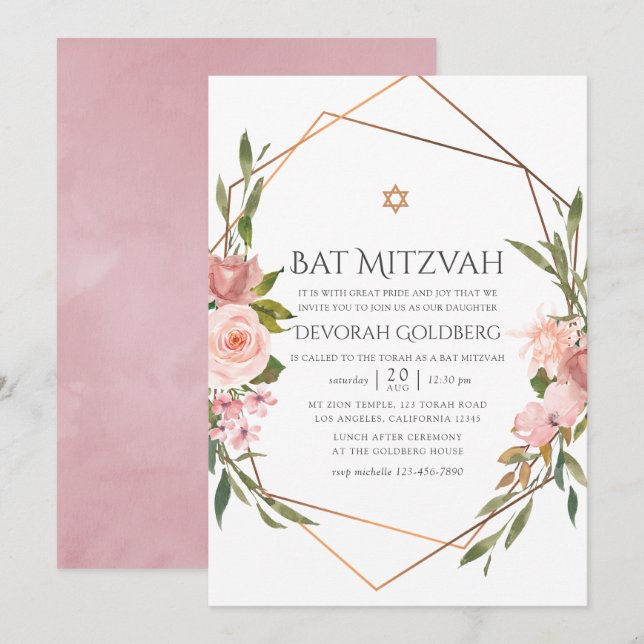 Invitation Rose or et rose pâle Bat mitzvah floral (Devant / Derrière)