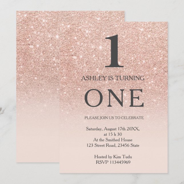 Invitation Rose or faux parties scintillant rose ombre 1st an (Devant / Derrière)