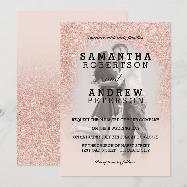 Invitation Rose or faux parties scintillant rose ombre photo  (Devant / Derrière)