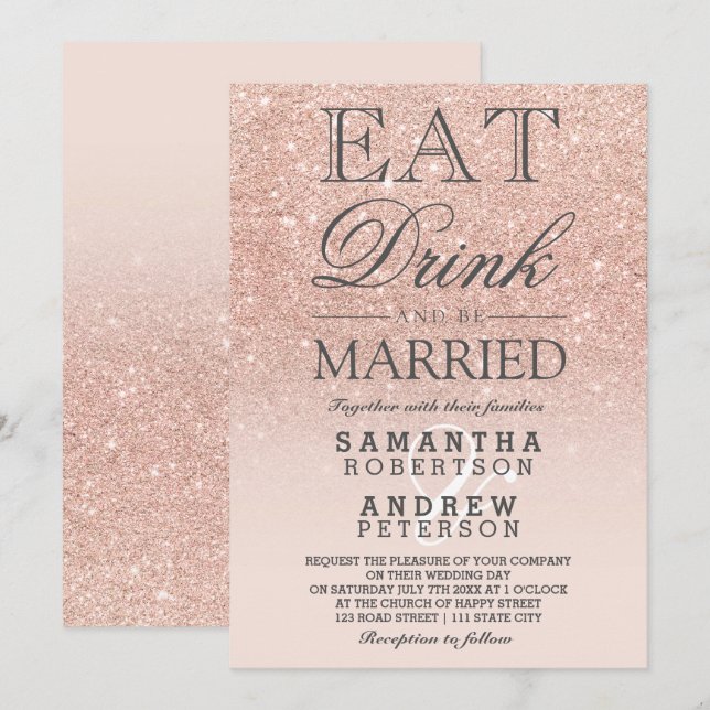 Invitation Rose or faux parties scintillant rose ombre script (Devant / Derrière)