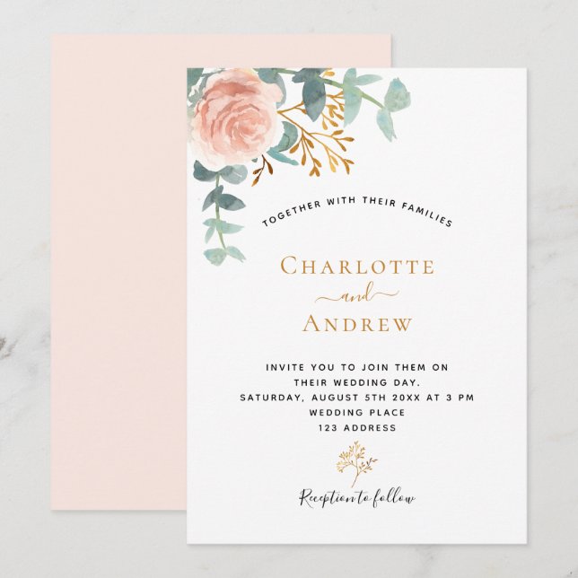 Invitation Rose or fleuri eucalyptus vert vert rose mariage (Devant / Derrière)