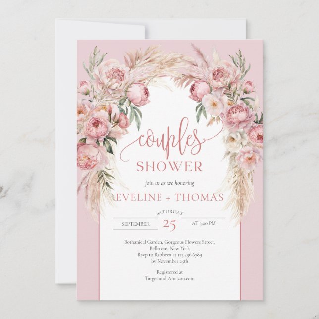 Invitation Rose or fleurs pampas herbe boho couples douche (Devant)
