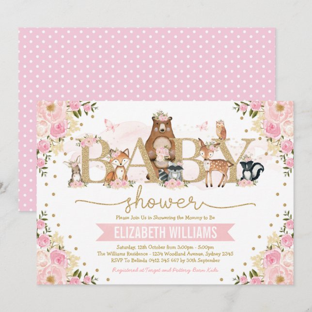 Invitation Rose or Floral Bois Animaux Fille Baby shower (Devant / Derrière)