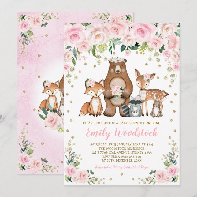 Invitation Rose or Floral Bois Animaux Fille Baby shower (Devant / Derrière)
