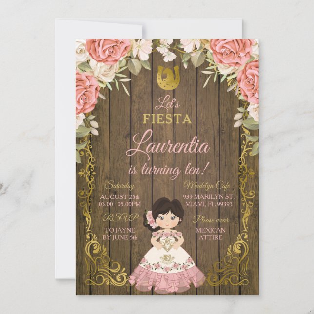 Invitation Rose & Or Floral Rose Sweet Girl Bois Anniversaire (Devant)