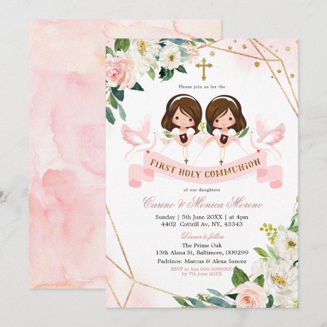 Invitation Rose & Or Floral Twin Girl First Holy Communion (Devant / Derrière)