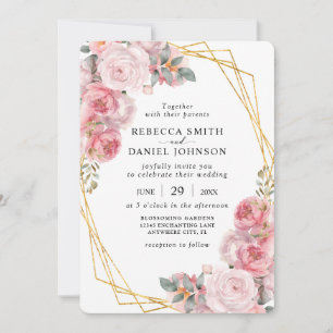 Invitation Rose & Or Géométrique Élégant Bohème Floral Mariag