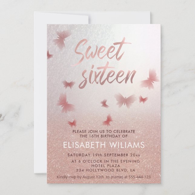 Invitation Rose or glittery ombre charmante papillon invit (Devant)