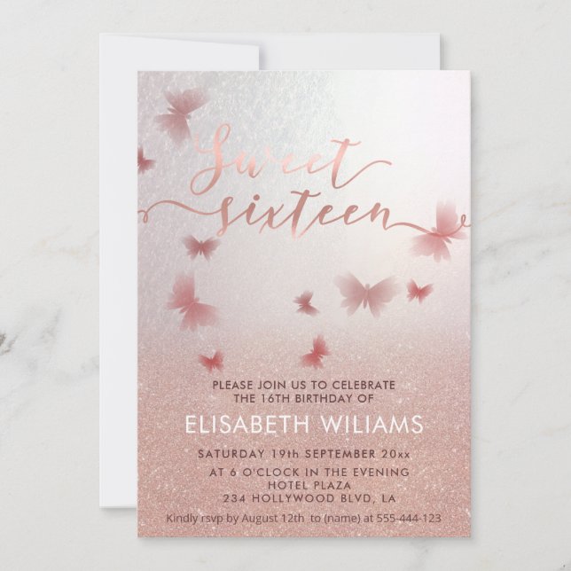 Invitation Rose or glittery ombre charmante papillon invit (Devant)