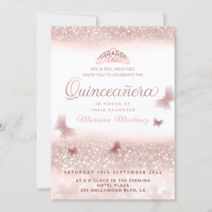 Invitation Rose or glittery tiara calligraphie Quinceañera I