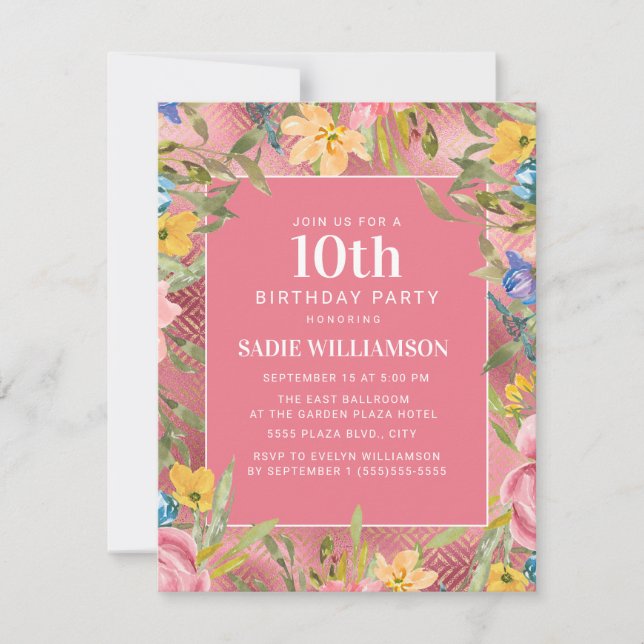 Invitation Rose or jaune bleu floral fille 10e anniversaire (Devant)