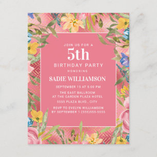 Invitation Rose or jaune bleu floral fille 5e anniversaire