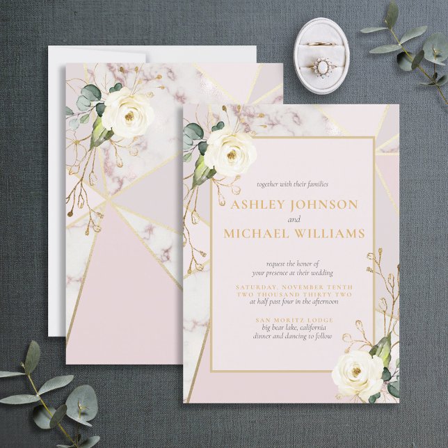 Invitation Rose or marbre or Géométrique Eucalyptus Floral (Créateur téléchargé)