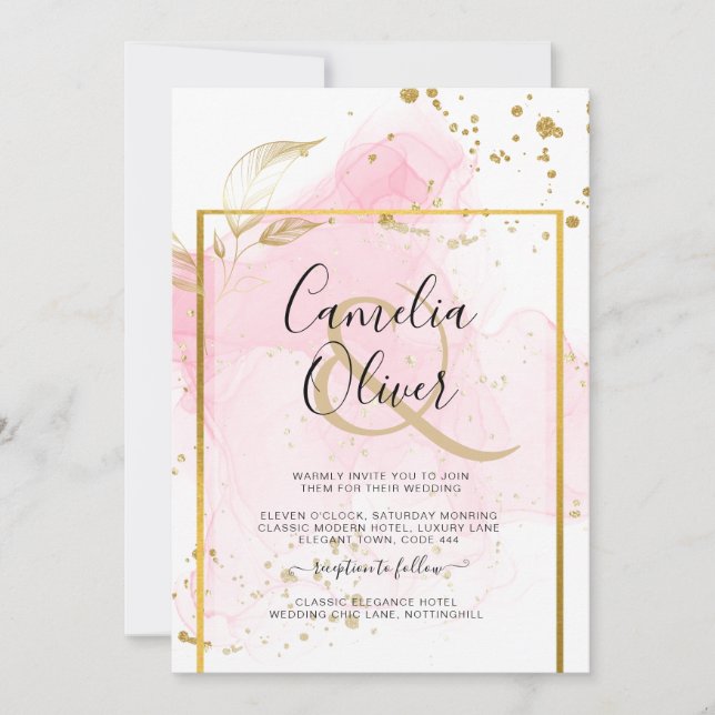 Invitation ROSE OR MARIAGE Encre d'alcool Abstraite (Devant)